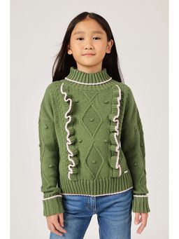 One Friday - Girls Olive Acrylic Solid Sweater