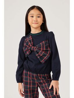 One Friday - Girls Navy Blue Tencel Checks Top