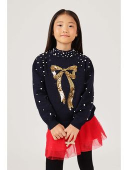 One Friday - Girls Navy Blue Viscose Embellished Sweater