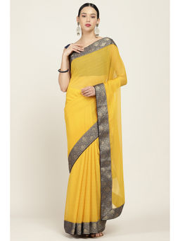 Soch - Mustard Poly Chiffon Solid Woven Design Saree with Unstitched