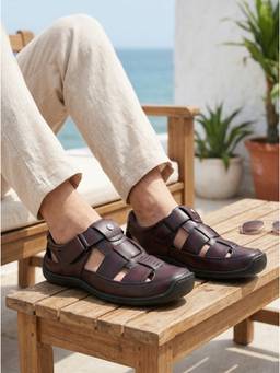 Carlton London - Men Burgundy Textured Leather Fisherman Sandals