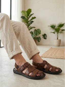 Carlton London - Men Tan Textured Leather Fisherman Sandals