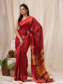 Angoshobha - Red Cotton Blended Temple Border Jamdani Saree with Unstitched Blouse