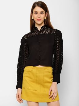 KASSUALLY - Black Solid Net Yoke Casual Shirt