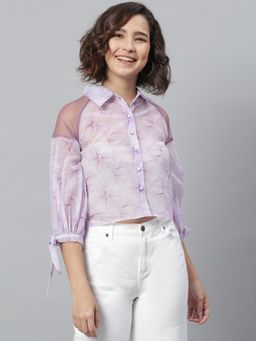 KASSUALLY - Lavender And Off-white Regular Fit Printed Casual Shirt