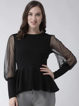 KASSUALLY - Black Peplum Top With Mesh Sleeves