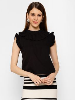 KASSUALLY - Black Pintucks Frilly Top