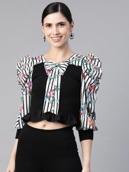 KASSUALLY - Black Floral Smocked Puff Sleeves Monochrome Crepe Fitted Top