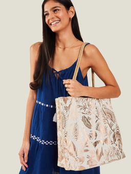 Accessorize London - Women's Gold Metallic Jute Shopper Tote Bag