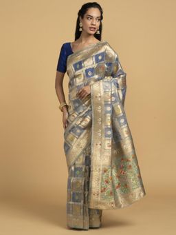 SAAKI - Divine Drapes Blue checked Motif Saree without Blouse