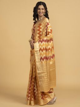 SAAKI - Divine Drapes Ikat Design Yellow Saree without Blouse