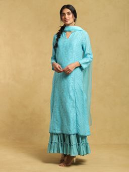 Ritu Kumar - Blue Chanderi Cutwork Embroidered Kurta with Inner Sharara and Dupatta (Set of 4)