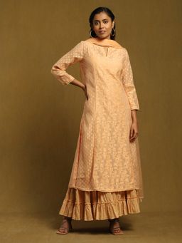 Ritu Kumar - Peach Chanderi Cutwork Kurta with Inner Sharara and Dupatta (Set of 4)
