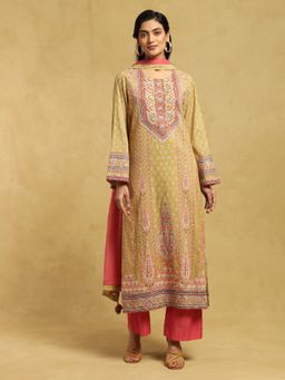 Ritu Kumar - Green Printed Long Straight Kurta with Palazzo and Dupatta (Set of 3)