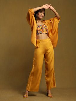 Ritu Kumar - Yellow Embroidered Blouse with Pants and Shrug (Set of 3)