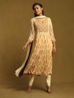 Ritu Kumar - Beige Paisley Print Embroidered Kurta with Leggings Dupatta and Inner (Set of 4)
