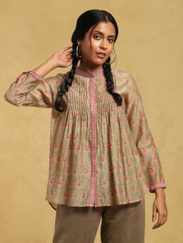 Ritu Kumar - Olive Floral Print Pintuck Style Kurti with Inner (Set of 2)