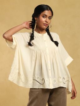 Ritu Kumar - Off White Button-Down Pleated Cotton Kurti