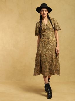 Ritu Kumar - Olive Embroidered A-Line Midi Dress