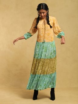 Ritu Kumar - Green Floral Print Tiered Long Dress