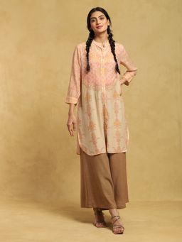 Ritu Kumar - Beige Printed Long Straight Shirt