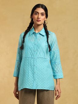 Ritu Kumar - Blue Chanderi Cutwork Shirt with Inner (Set of 2)