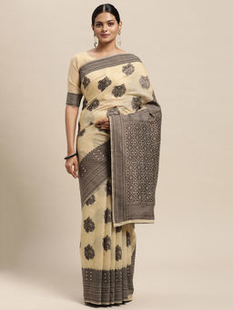 Sareemall - Womens Silk Blend Beige Woven Design Saree with Unstitched Blouse