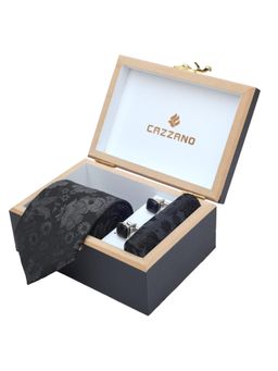 CAZZANO - Men Floral Microfiber Black Tie With Cufflinks & Pocket Square