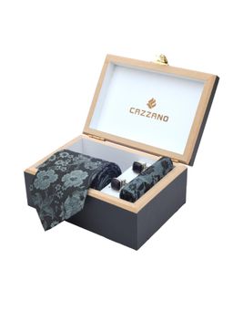 CAZZANO - Men Floral Microfiber Black Tie With Cufflinks & Pocket Square