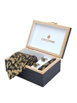 CAZZANO - Men Printed Microfiber Gold Tie With Cufflinks & Pocket Square