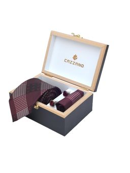 CAZZANO - Men Checks Microfiber Maroon Tie With Cufflinks & Pocket Square