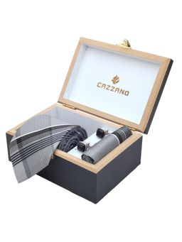 CAZZANO - Men Checks Microfiber Grey Tie With Cufflinks & Pocket Square