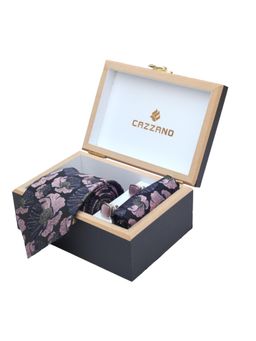 CAZZANO - Men Floral Microfiber Purple Tie With Cufflinks & Pocket Square