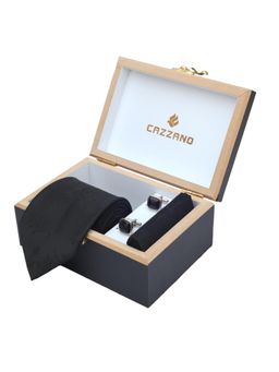 CAZZANO - Men Solid/Plain Microfiber Black Tie With Cufflinks & Pocket Square