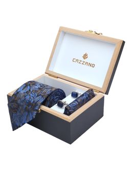 CAZZANO - Men Floral Microfiber Blue Tie With Cufflinks & Pocket Square