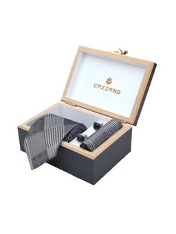 CAZZANO - Men Checks Microfiber Grey Tie With Cufflinks & Pocket Square