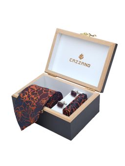CAZZANO - Men Printed Microfiber Orange Tie With Cufflinks & Pocket Square