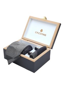 CAZZANO - Men Checks Microfiber Grey Tie With Cufflinks & Pocket Square