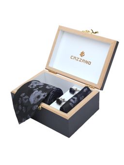 CAZZANO - Men Floral Microfiber Black Tie With Cufflinks & Pocket Square