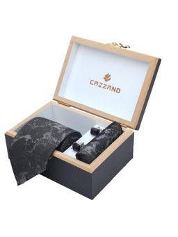 CAZZANO - Men Printed Microfiber Black Tie With Cufflinks & Pocket Square