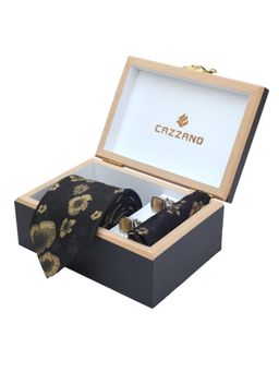 CAZZANO - Men Floral Microfiber Black Tie With Cufflinks & Pocket Square