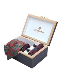 CAZZANO - Men Floral Microfiber Red Tie With Cufflinks & Pocket Square