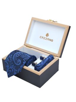 CAZZANO - Men Printed Microfiber Blue Tie With Cufflinks & Pocket Square