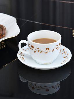 At Home by Nilkamal - Arias Autumn Grace 220 ML 6 Cups 6 Saucers White (Set of 12)