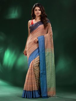 CHARUKRITI - Beige Handspun Cotton Handwoven Saree with Unstitched Blouse