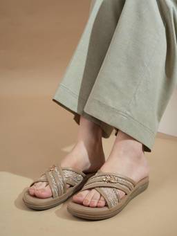 Drop Bold - Women Beige Cross Strap Textured Open Toe Sandals