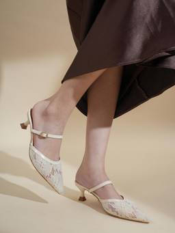 Drop Bold - Women Drop Bold Women Cream Pointed Toe Slingback Sandals Heels