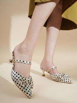 Drop Bold - Women Gold Polka Dot Printed Pointed Toe Sandals Heels