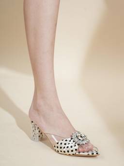 Drop Bold - Women Gold Polka Dot Printed Peep Toe Block Sandals Heels