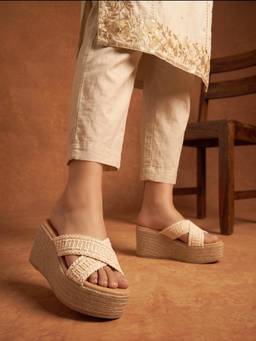 Shoetopia - Women’s Beige Woven Criss-Cross Platform Wedges Heels